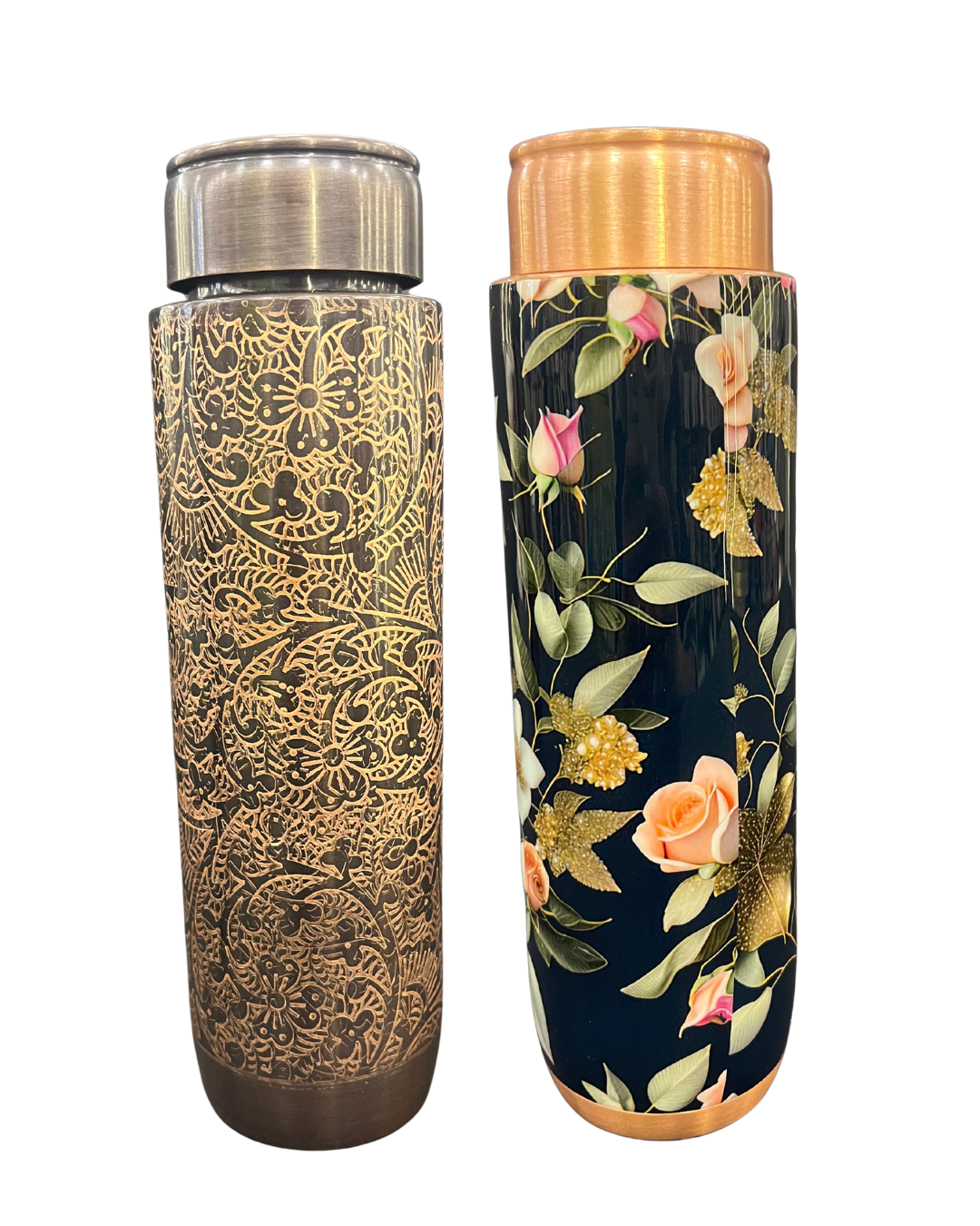 Premium Copper Water Bottle Set – Floral & Antique Etched Design (950ml Each)
